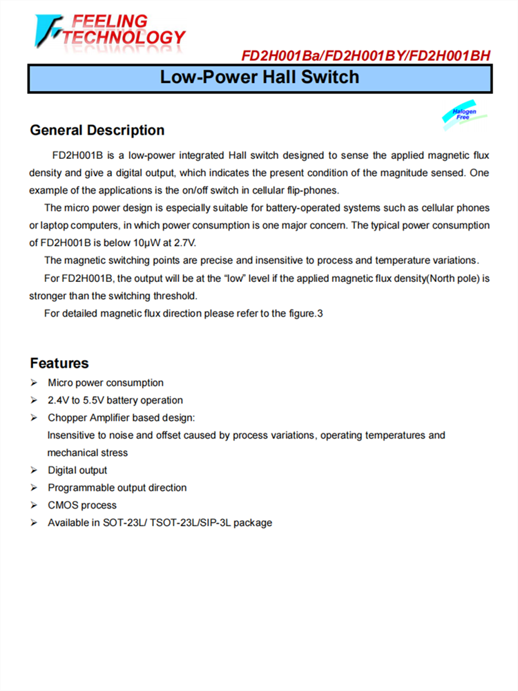 FD2H001BA/BY/BH 低功率霍爾開關芯片