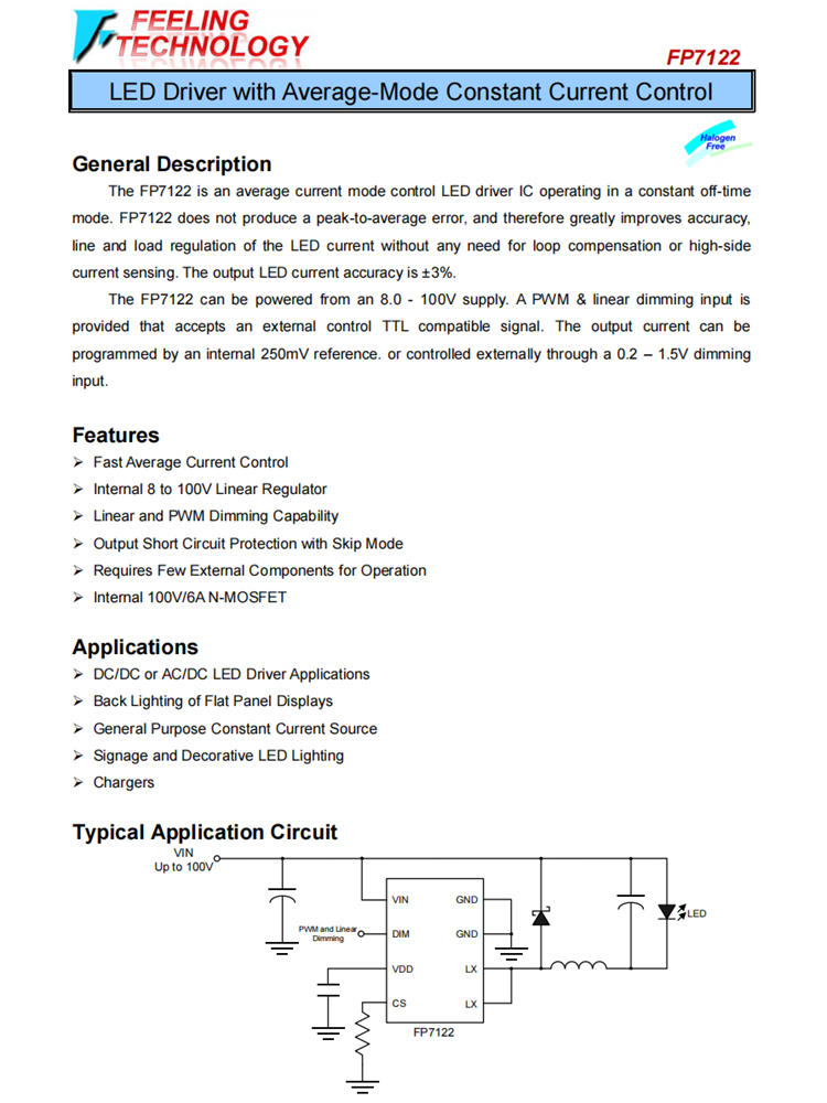 FP7122 具有平均模式恒定電流控制的LED驅(qū)動器芯片