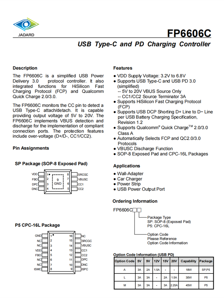 天德鈺FP6606C USB-PD3.0與Type-C協議控制器