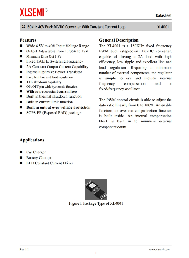 XL4001E1  2A 150kHz 40V 降壓DC/DC轉換器，帶恒流環路