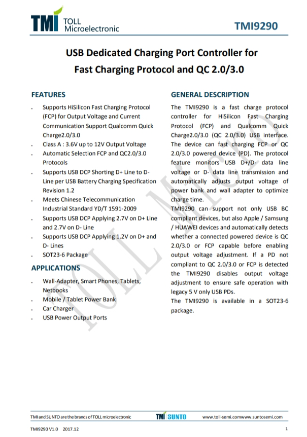 TMI9290   USB專用充電端口控制器 快速充電協議和 QC 2.0/3。