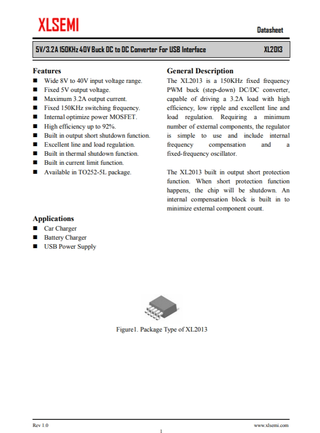 XL2013E1  5V / 3.2A 150KHz 40V降壓DC至DC轉(zhuǎn)換器，用于USB接口