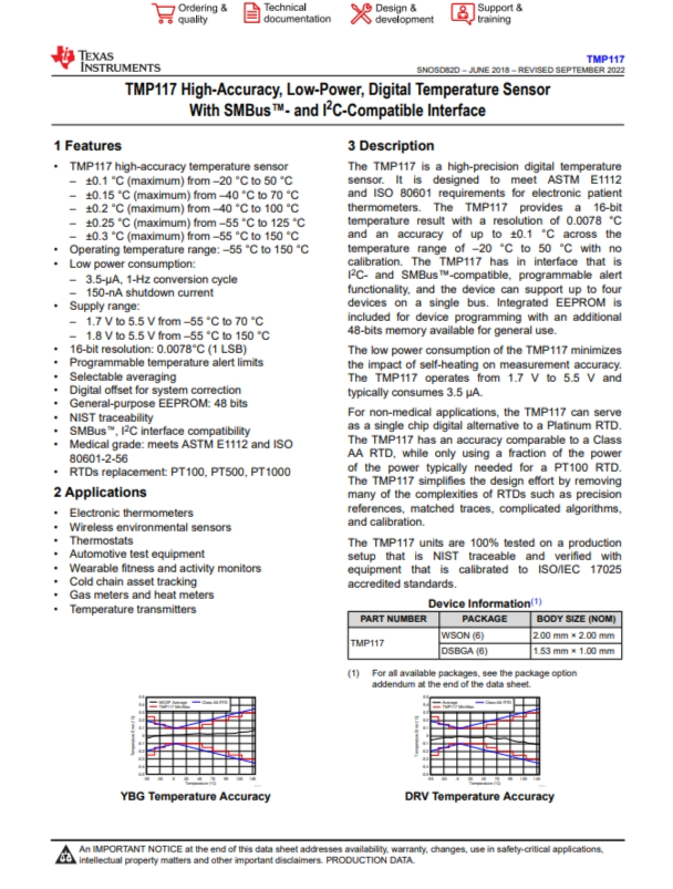 TMP117AIDRVR   48 位 EEPROM、可替代 PT100/PT1000 RTD 的 0.1°C 數字溫度傳感器