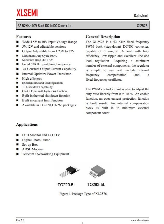 XL2576T-5.0E1   3A 52KHz 40V 降壓 DC-DC 轉換器