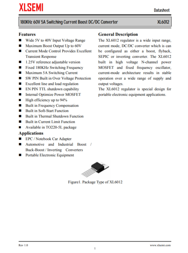 XL6012E1  180KHz 60V 5A開關電流升壓DC/DC轉換器