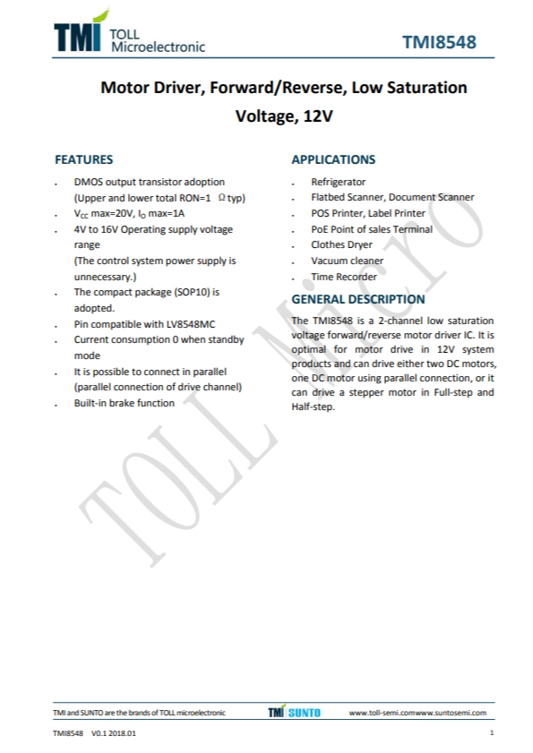 TMI8548  電機驅動器，前進/后退，低飽和度 電壓，12V