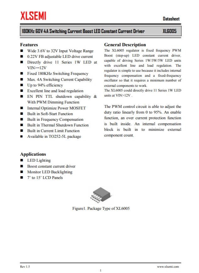 XL6005E1   180KHz 60V 4A 開關電流升壓 LED 恒流驅動器