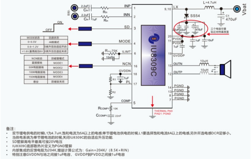 IU8309(單雙節鋰電內置升壓12V、25單聲道音頻功放IC